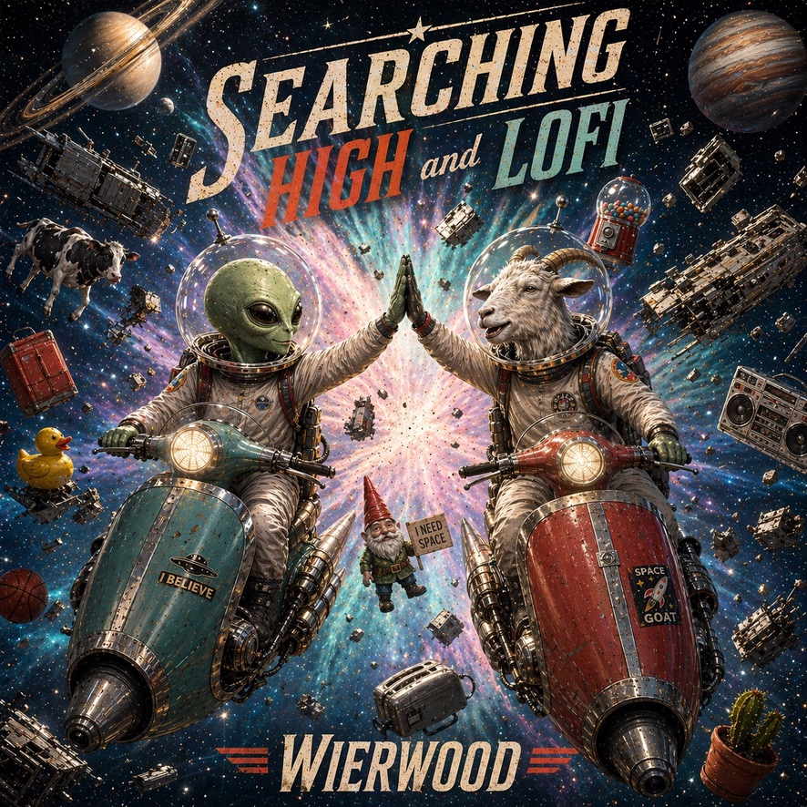 Searching High and Lofi by WierWood: an alien and a goat in space suits high-five while riding scooters through space
