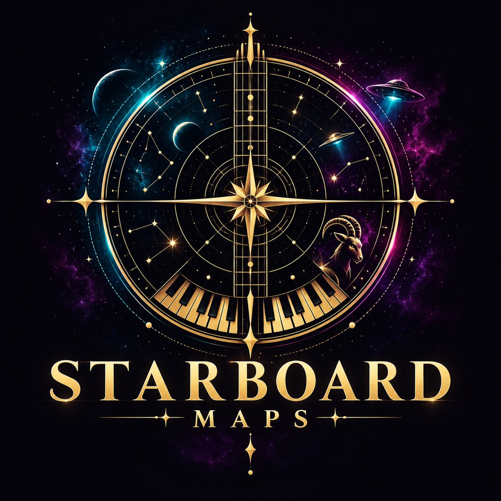 Starboard Maps — a gold celestial compass with guitar and piano details, neon stars, a goat, and a flying saucer