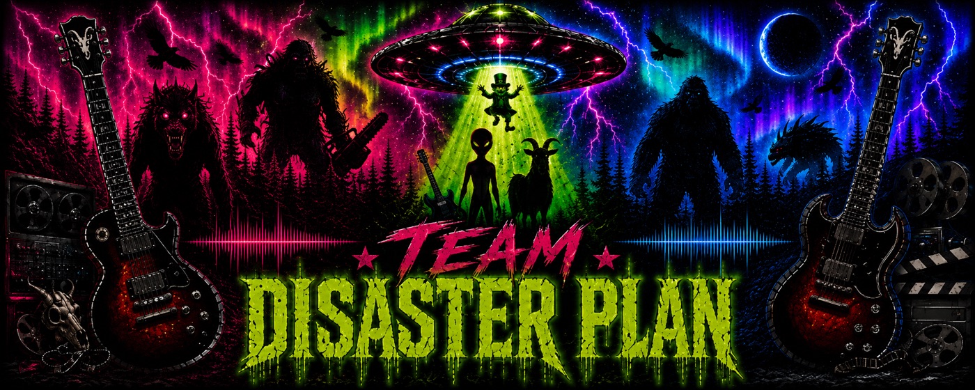 Team Disaster Plan — neon guitars, mysterious forest creatures, and a flying saucer